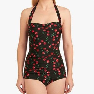 Esther Williams Cherry Halter Swimsuit, black, red & green, size 10 NEVER WORN